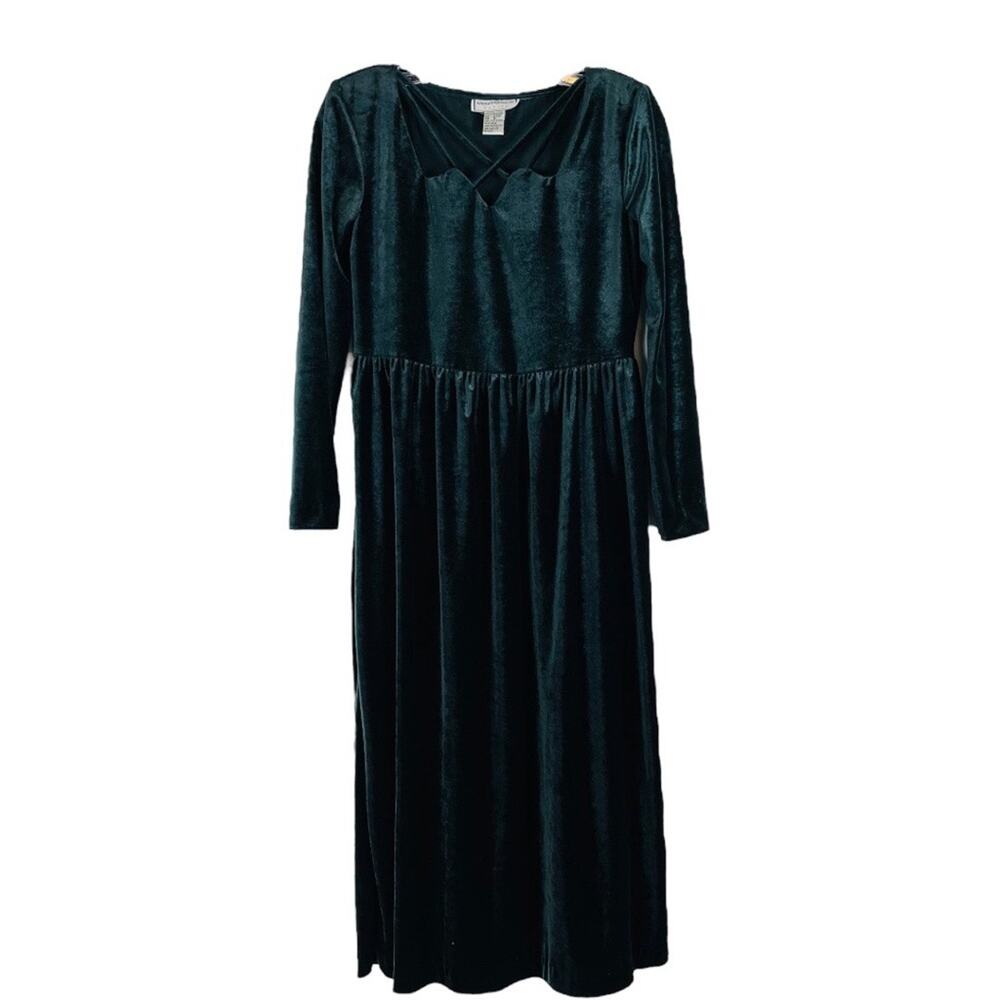 Vintage green velvet 80s 90s cottagecore forestcore holiday midi maxi dress 4